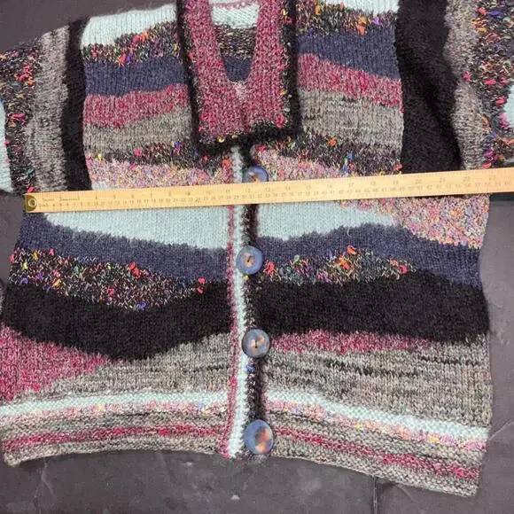Anthropologie Rare Patchwork Hand Made Clay Button Striped Cardigan Free Size - Picture 6 of 15